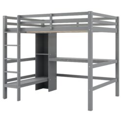 Full Size Loft Bed With Built In Desk And Multifunction Shelves - Gray