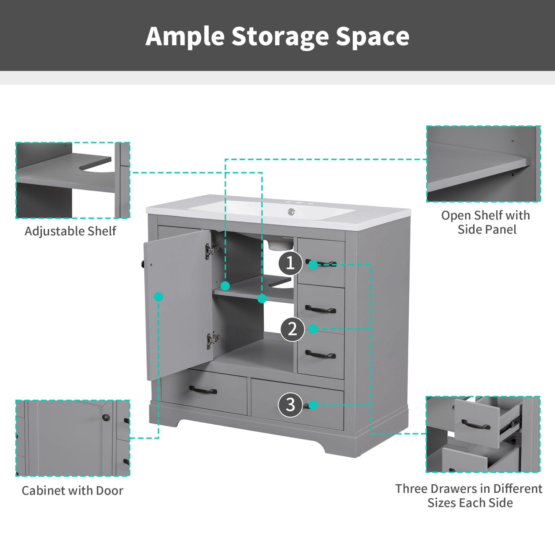 36" Bathroom Vanity Without Sink, Cabinet Base Only, 6 Drawers, Multi Functional Drawer Divider, Adjustable Shelf - Gray - Image 18