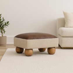 Vintage Leather Boucle Ball Footstool - Brown