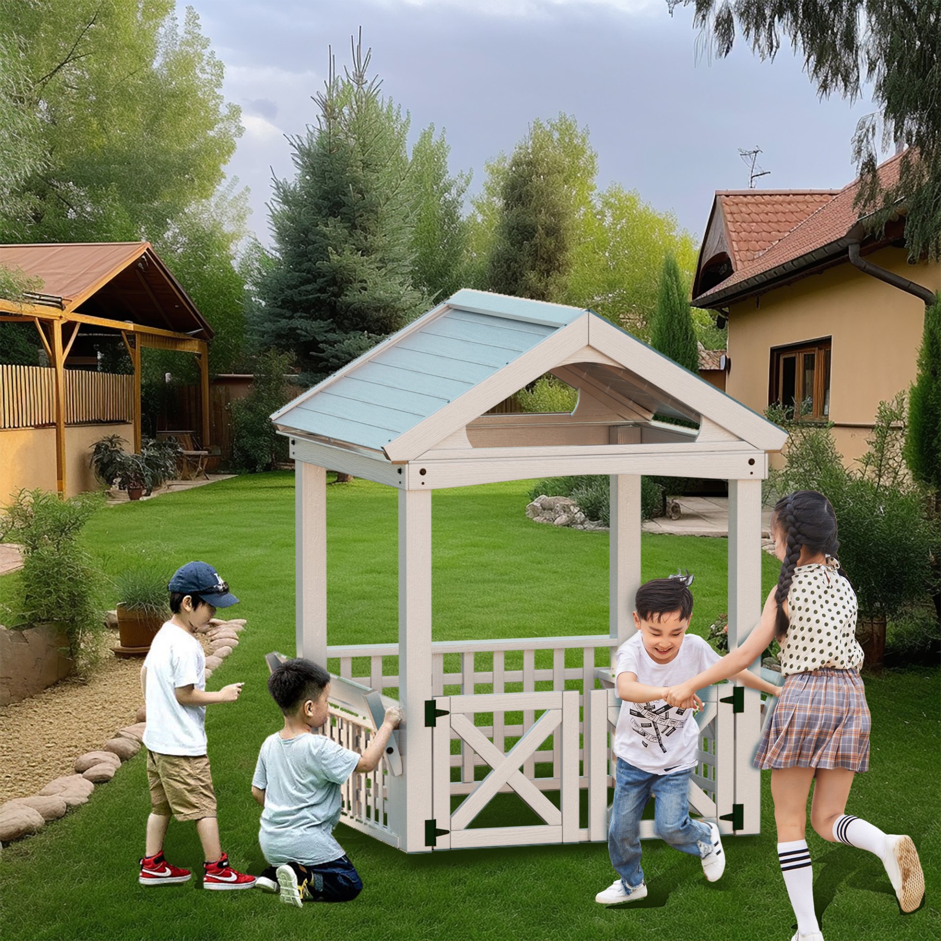 Outdoor Wooden Playhouse With Bench And Door - White - Image 2