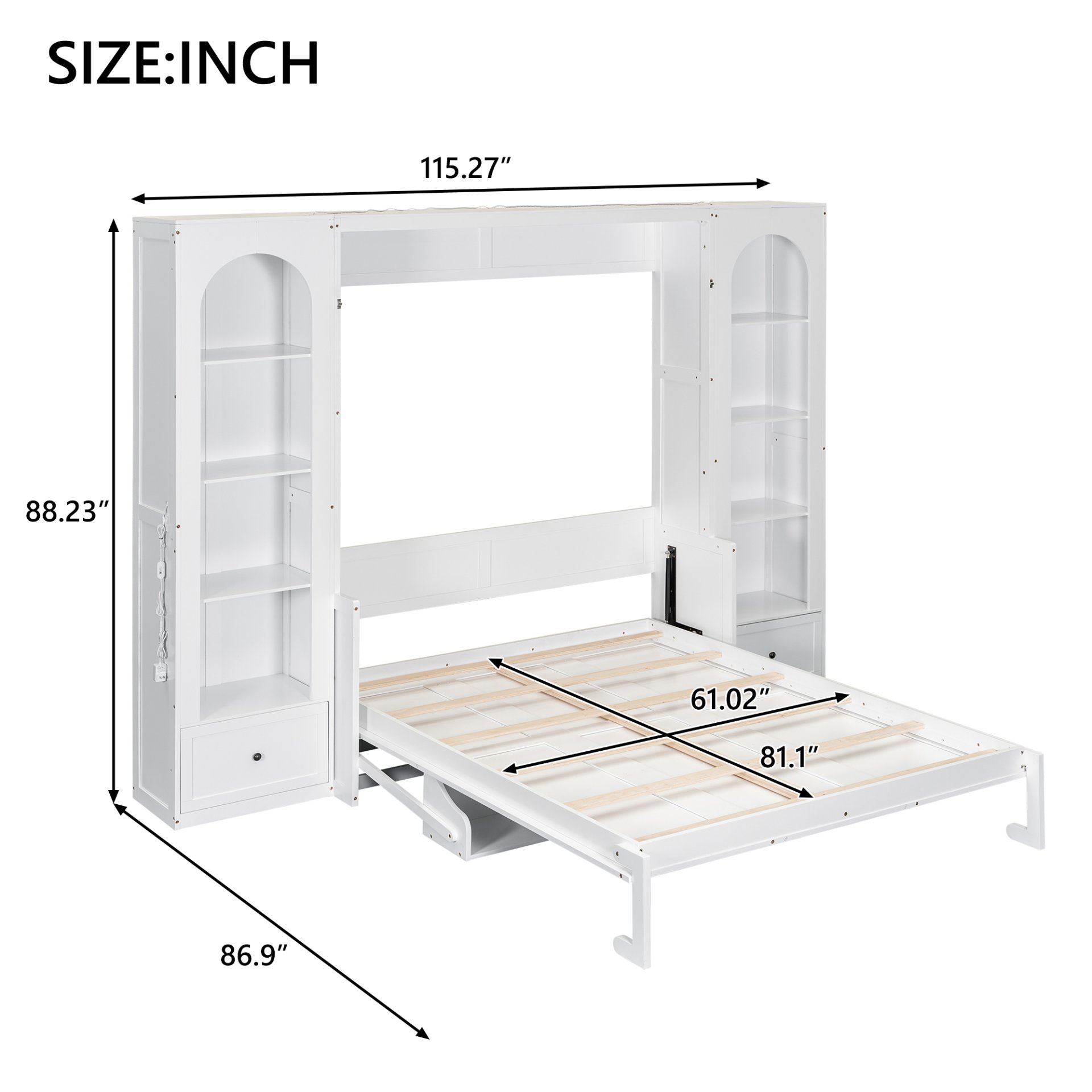 Queen Size Murphy Platform Bed With Shelf, Side Cabinets, Drawers And LED - White - Image 3