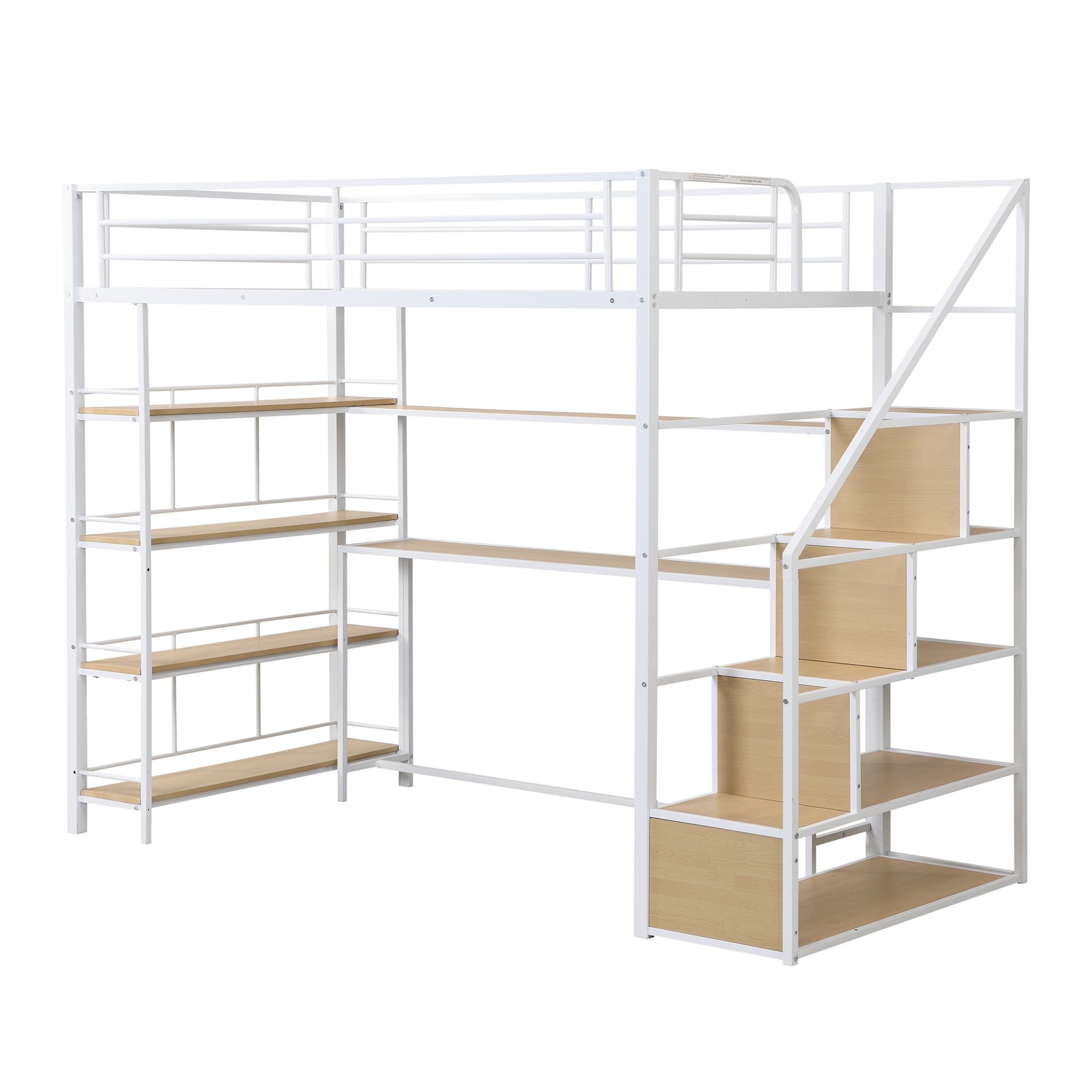 Twin Size Loft Bed With Built In Desk, Staircase Storage & 4 Tier Shelves - White - Image 10