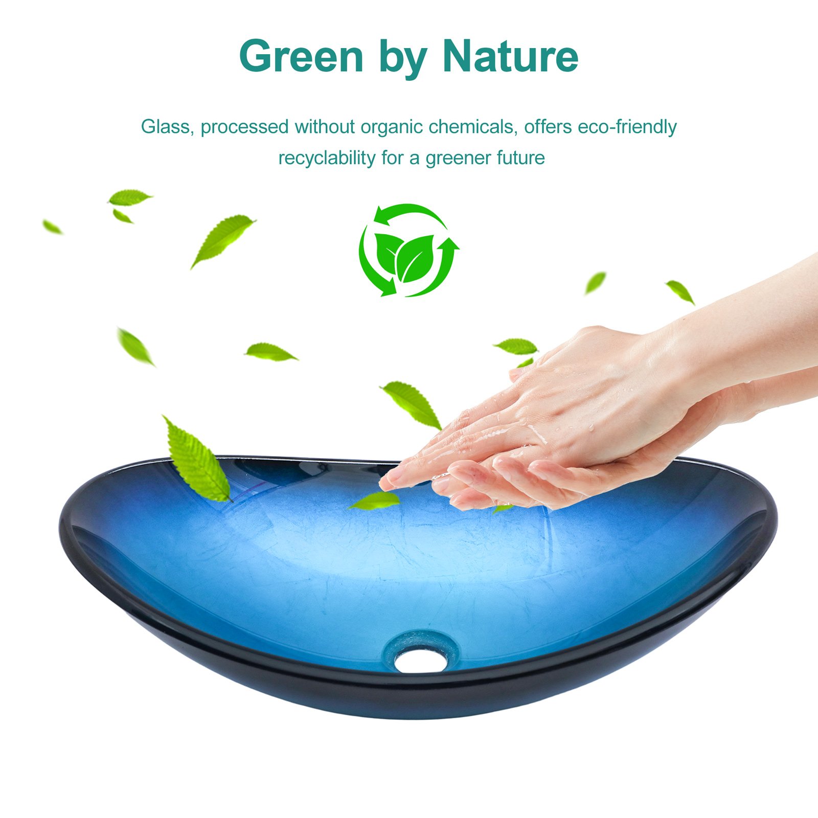 Vessel Sink With Pop Up Drain, Boat Shape Above Counter Bathroom Sink - Blue - Image 5