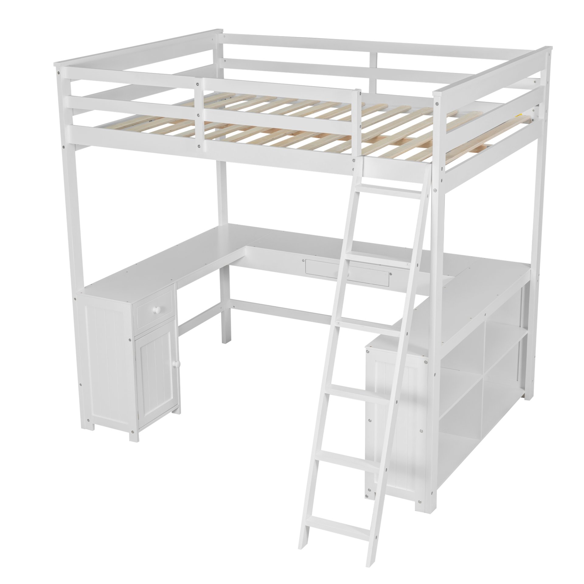 Full Size Loft Bed With U-Shaped Desk, Drawers, And Storage Shelves - White - Image 10