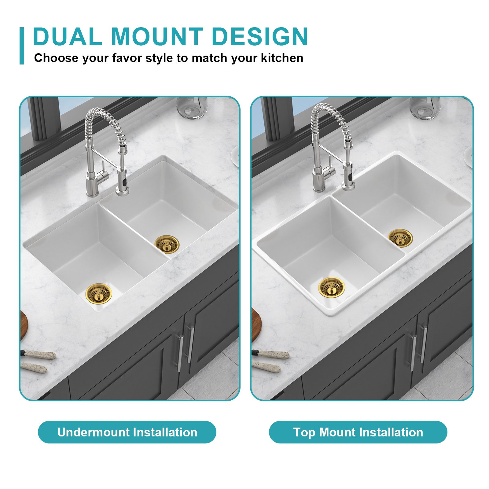 32" Undermount Double Bowl Kitchen Sink Rectangular Deep Dual Bas With Grids - White - Image 7