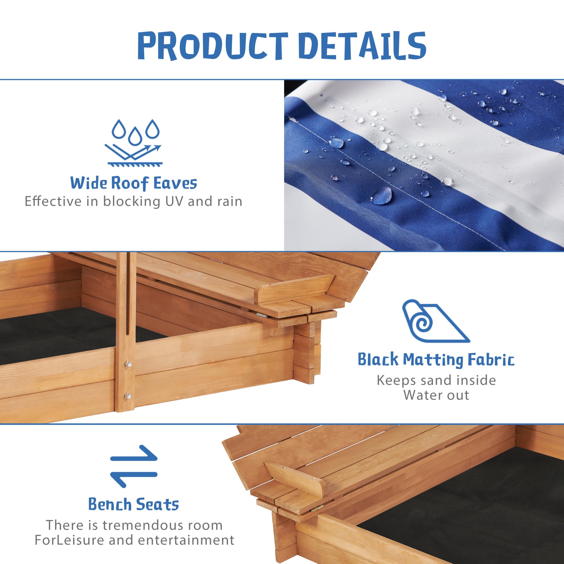 Kids Sandbox With Adjustable Cover, Sand Box With 2 Foldable Bench Seats, Outdoor Sandpit For Backyard Play - Light Brown - Image 3