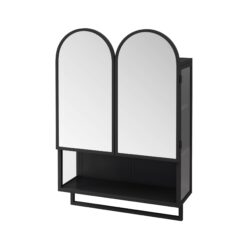 Double Arched Mirror Cabinet With 2 Doors, Wall Cabinet Featuring Adjustable Shelves And Towel Rack - Black