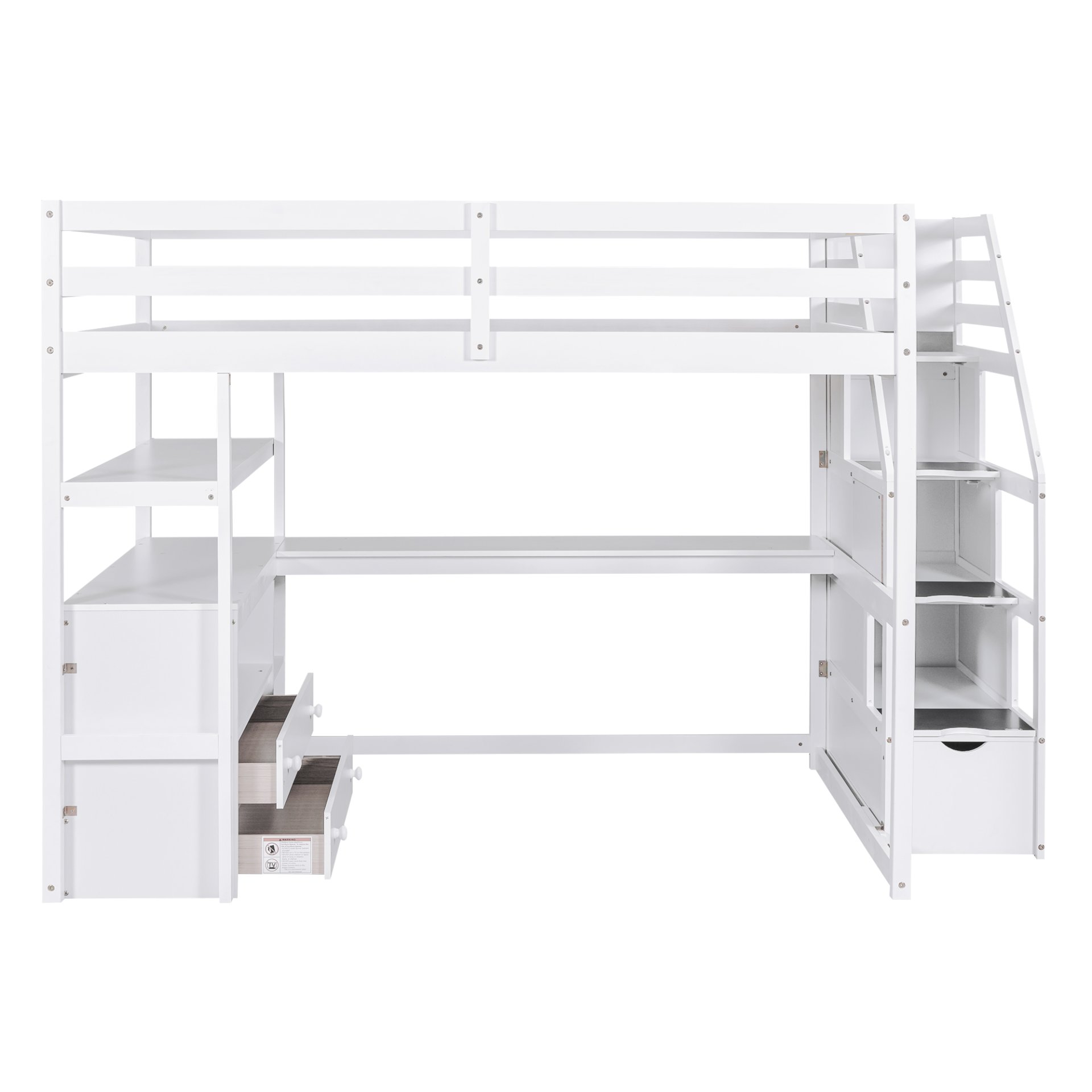 Full Size Loft Bed With Desk, Shelves, 2 Drawers, Storage Staircase - White - Image 8