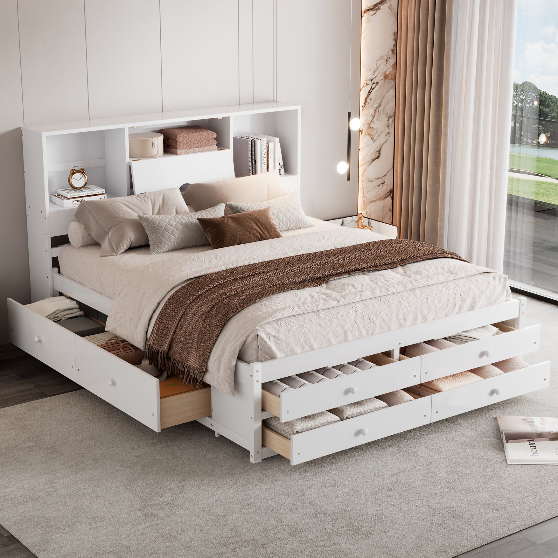 Queen Size Platform Bed With Storage Headboard And 8 Drawers - White - Image 4