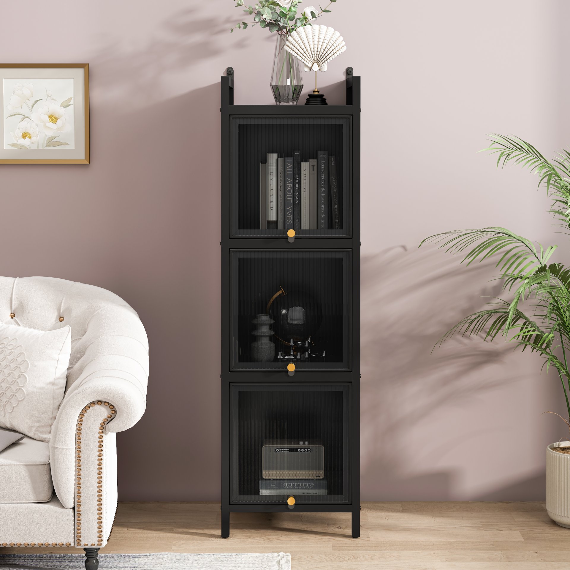 3 Tier Glass Door Cabinet With 4 Tier Storage - Black - Image 5