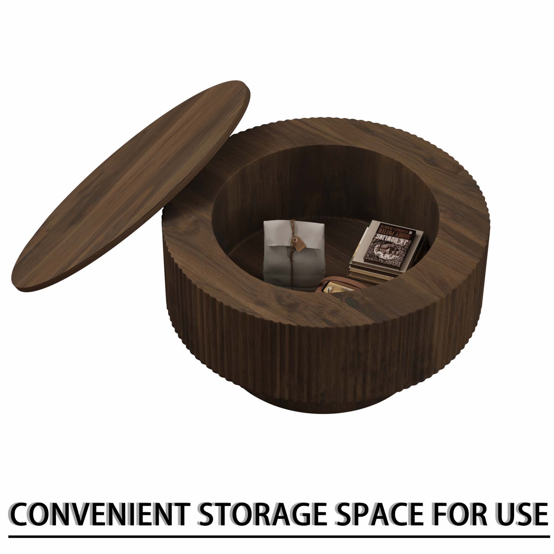 Circular Coffee Table With Stripe Design And Hidden Storage - Walnut - Image 15