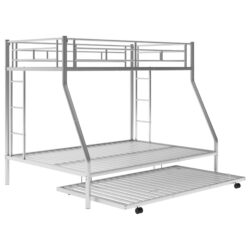 Twin Over Full Bunk Bed With Steel Frame And Twin Trundle, 2 Side Ladders - Silver