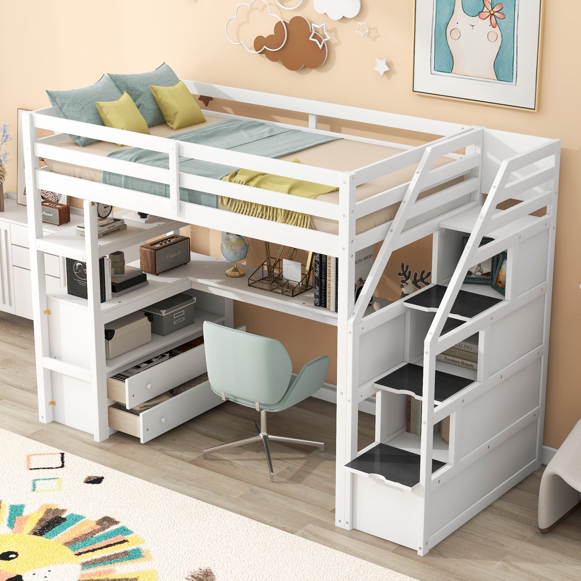 Twin Size Loft Bed With Built In Desk, Shelves, Drawers, And Storage Staircase - White - Image 5