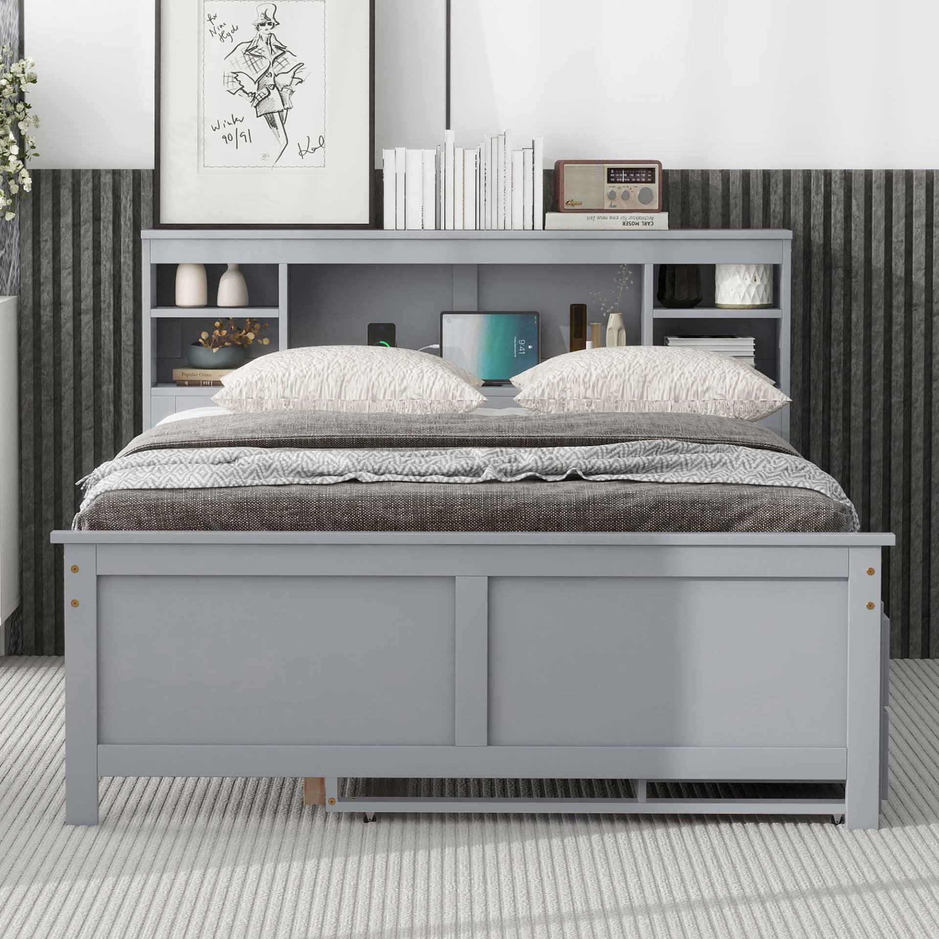 Full Size Platform Bed With Storage Headboard, USB Ports, Twin Trundle, 3 Drawers Construction - Gray - Image 5