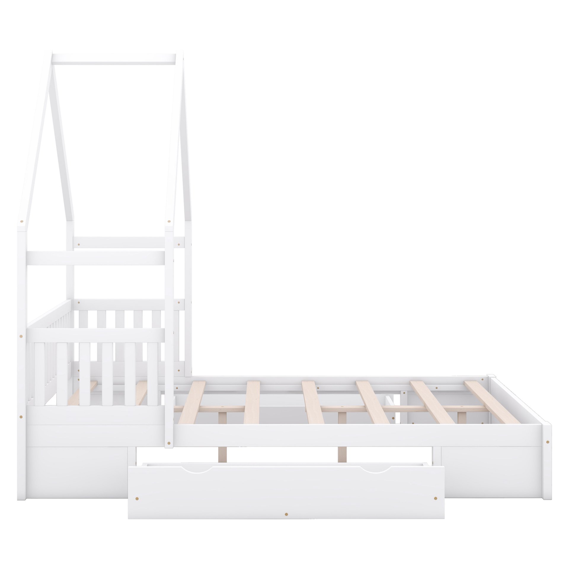 House Style Queen Size Platform Bed With Guardrail And 2 Drawers - White - Image 6