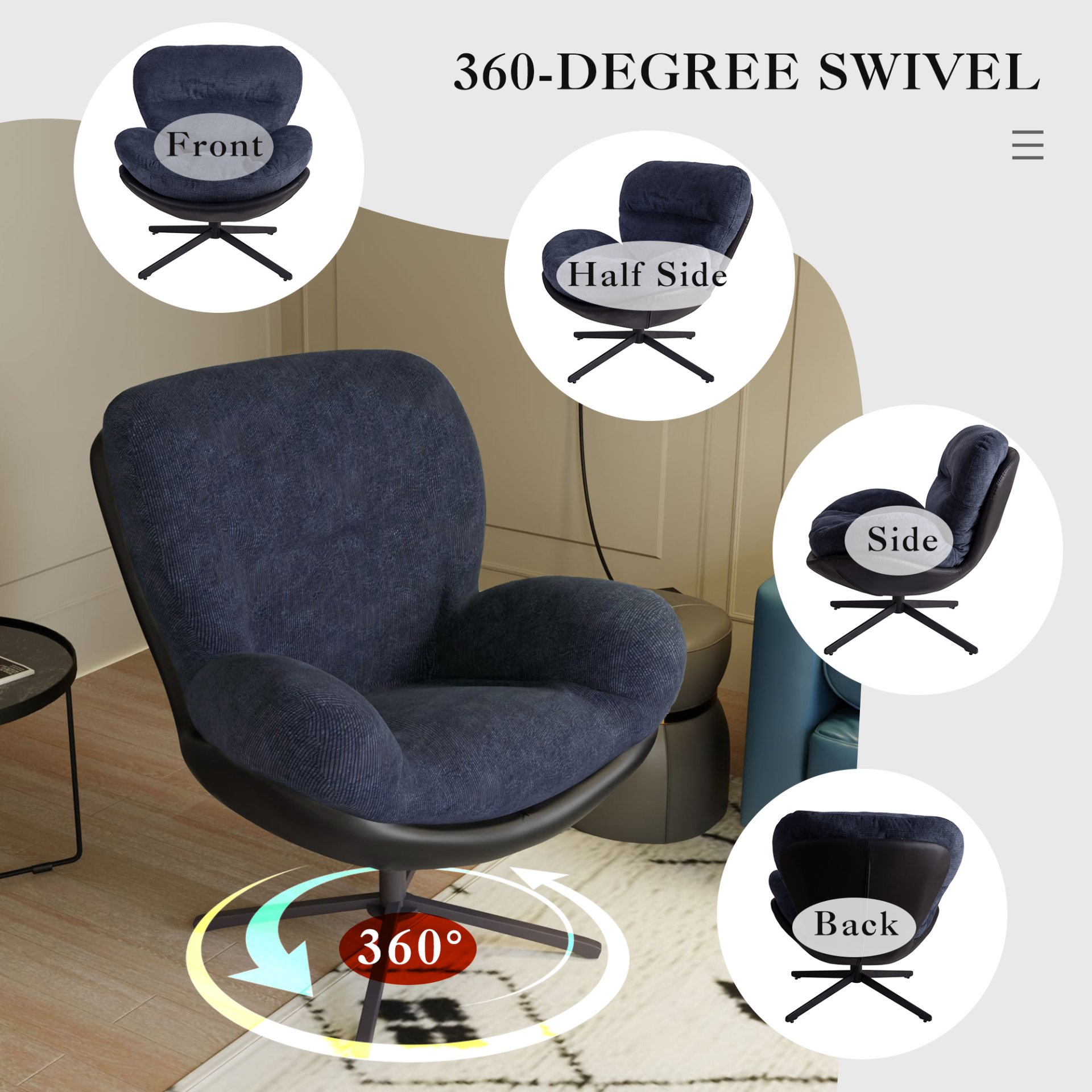 360° Swivel Office Chair, Modern Chenille Chair With And Metal Base Frame, No Wheels, Accent Chair - Dark Blue - Image 8