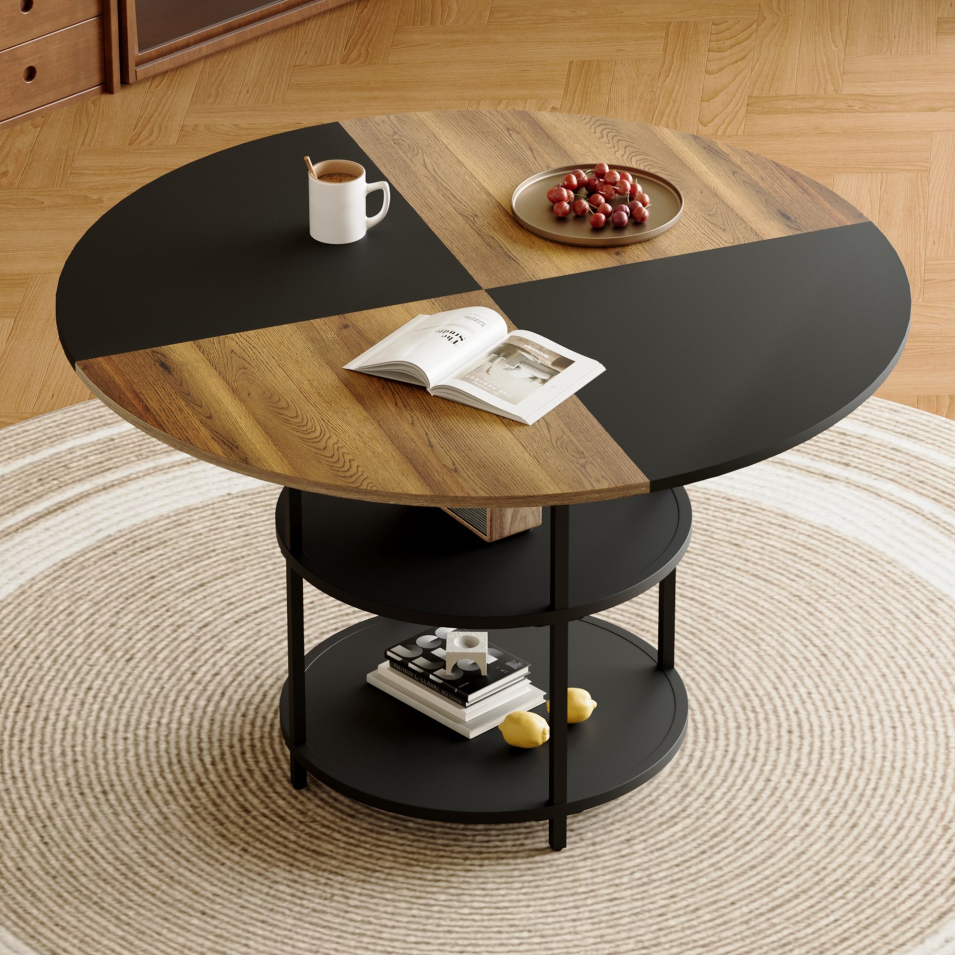 Diameter - Modern Splicing Circular Dining Table Double Layer Storage - Wood / Black - Image 2