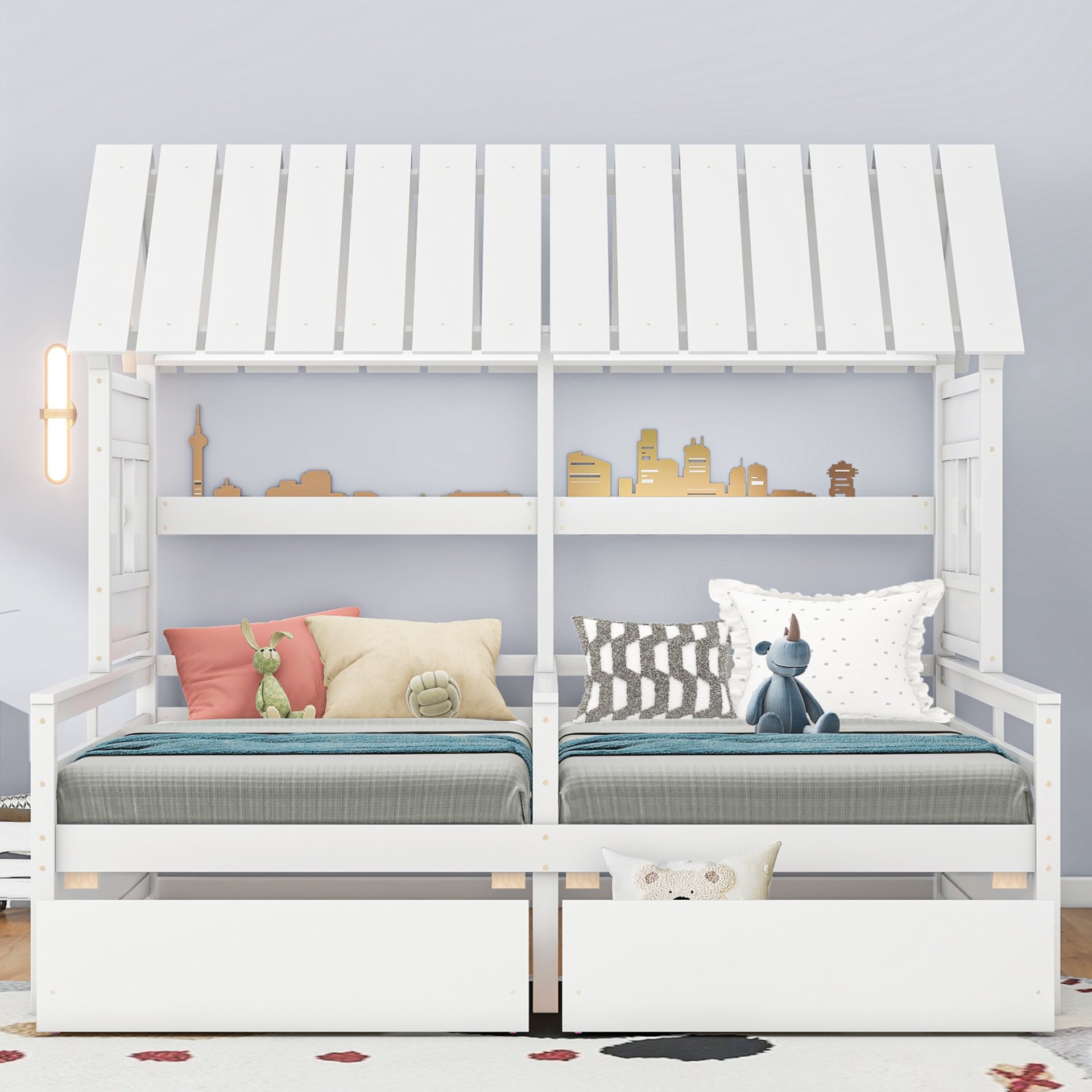 Twin Size House Platform Beds With 2 Drawers, Side By Side Design For Shared Bedrooms - White - Image 4