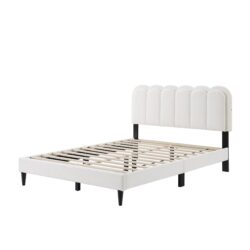 Queen Size Lambswool Petal Headboard Bed Frame With Ambient Light - White
