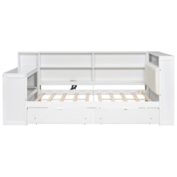 Full Size Platform Bed With Upholstered Headboard, Storage Shelves, Drawers, Charging Station, LED Lighting, Built In Desk - Beige / White