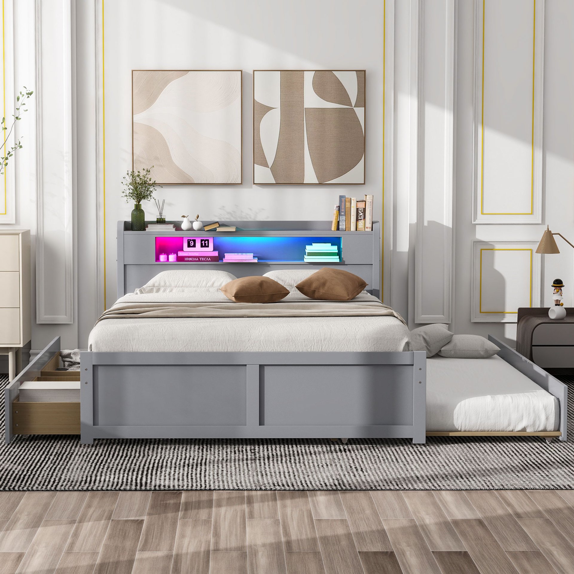Queen Size Storage Platform Bed With LED Lights, 2 Drawers And Twin Trundle - Gray - Image 2