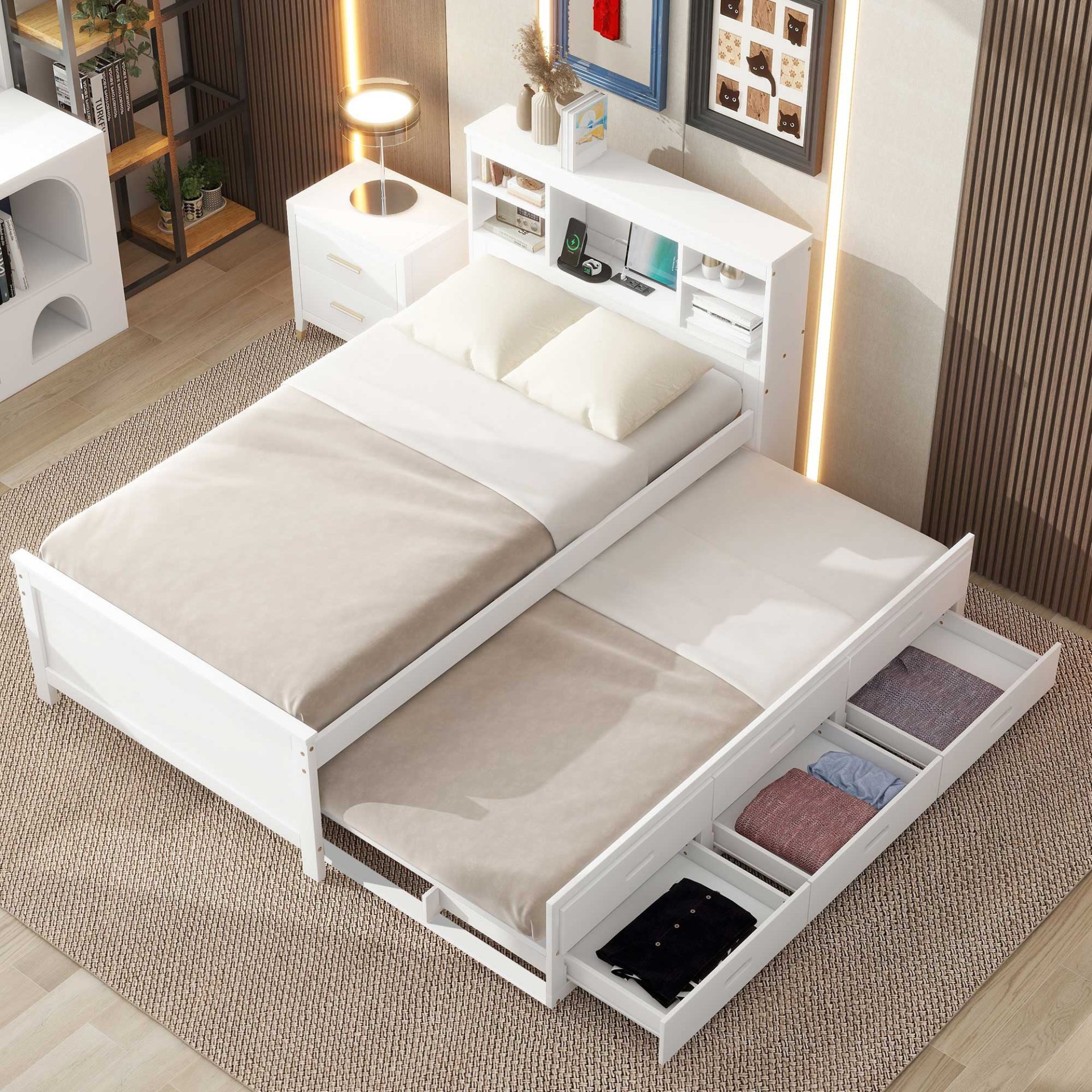 Twin Size Platform Bed With Storage Headboard, USB, Trundle And 3 Drawers - White - Image 6