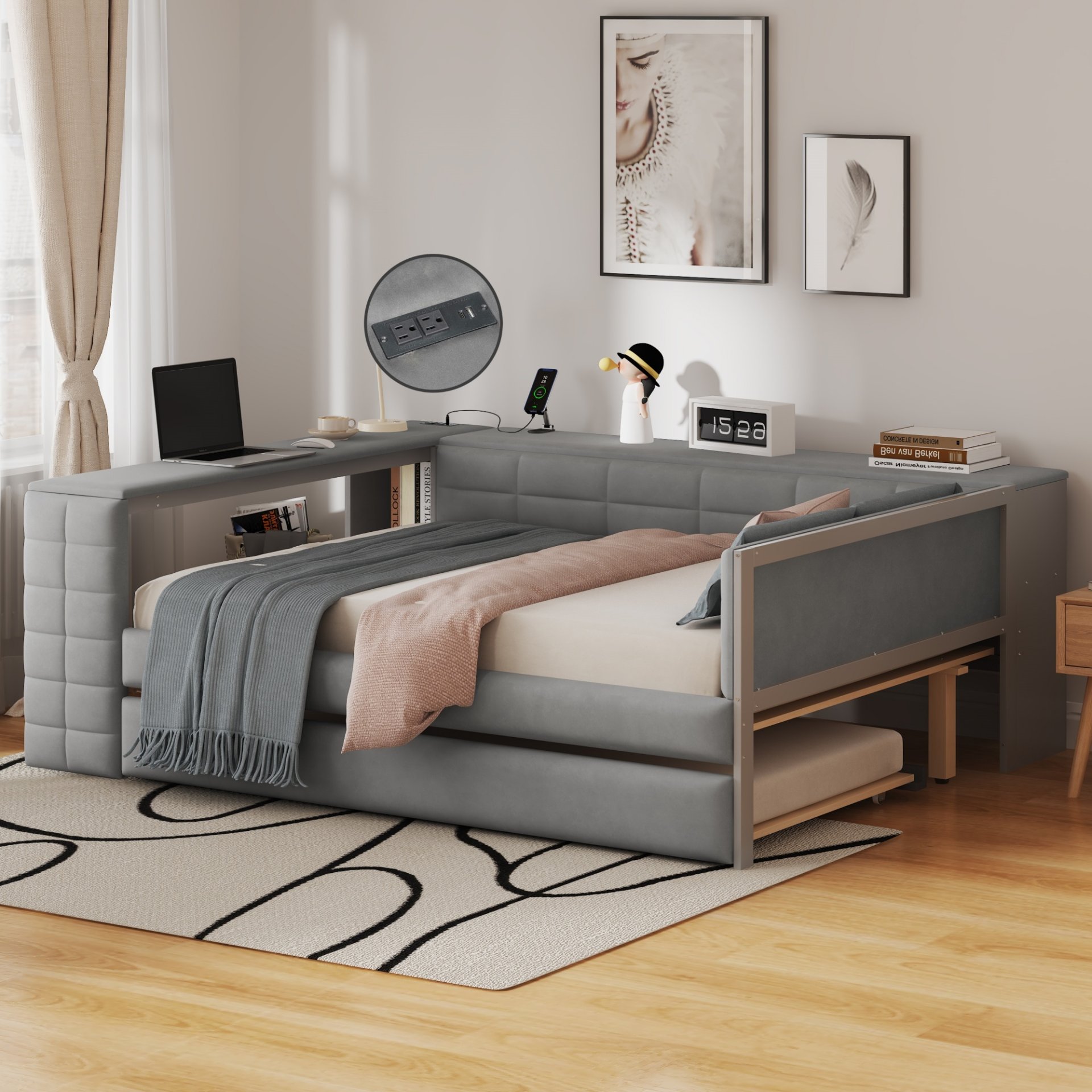 Upholstered Full Size Platform Bed With Storage Shelves, Desk, Charging Station And Trundle - Gray - Image 4