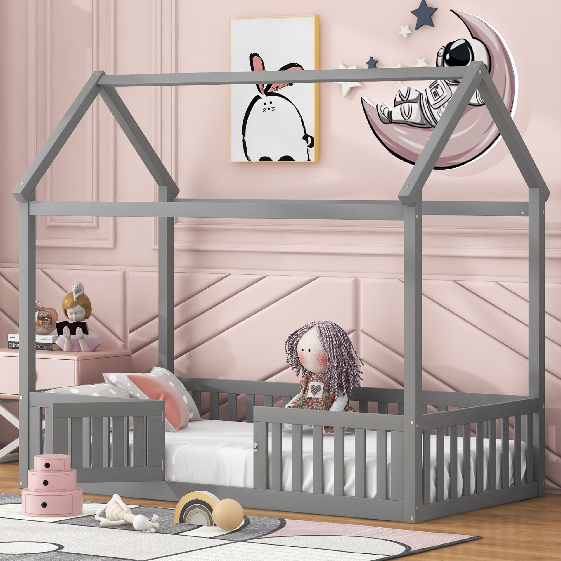 Twin Size House Bed With Fence And Door - Gray - Image 2