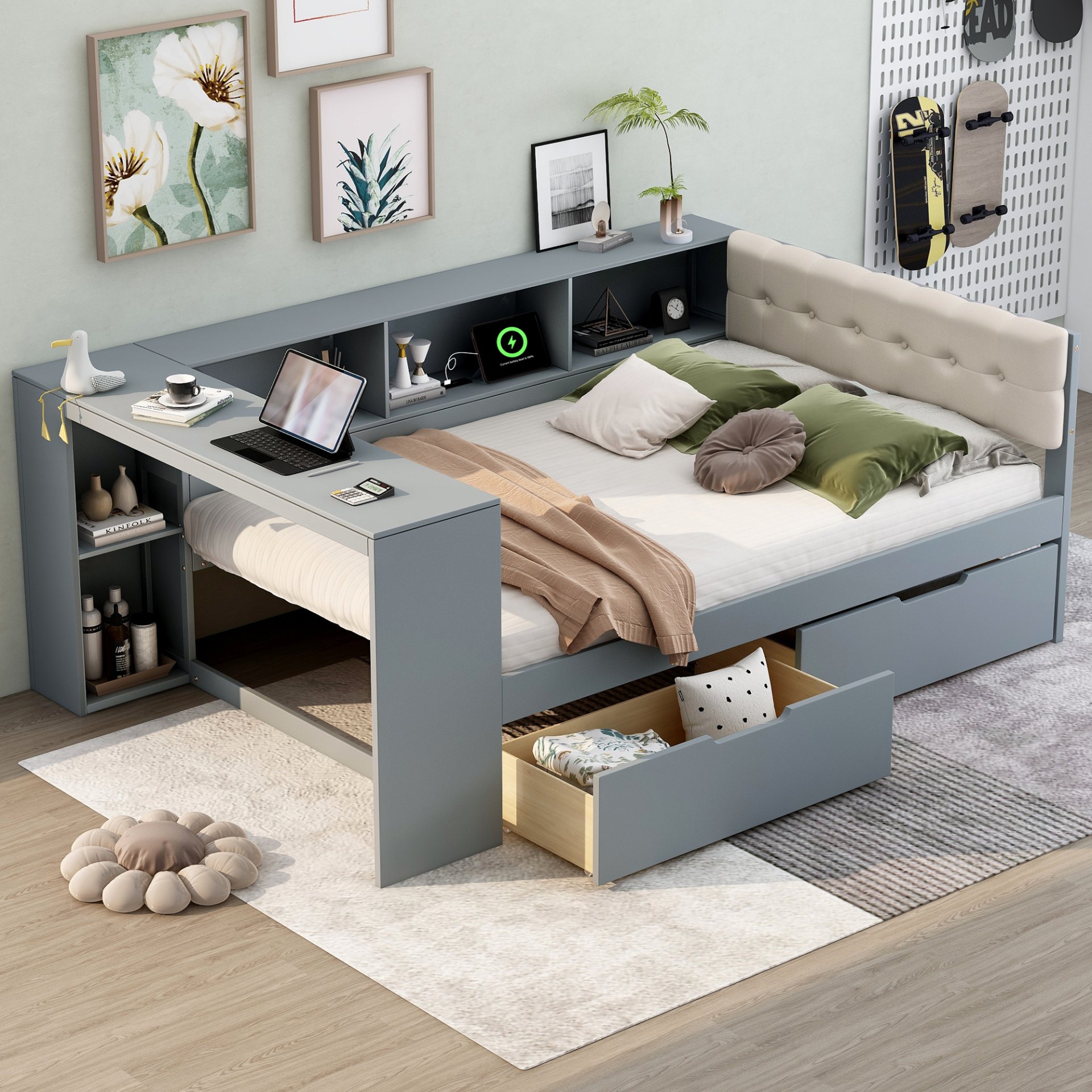Upholstered Headboard Full Size Platform Bed With Storage Shelves, Drawers, Charging Station - Gray - Image 4