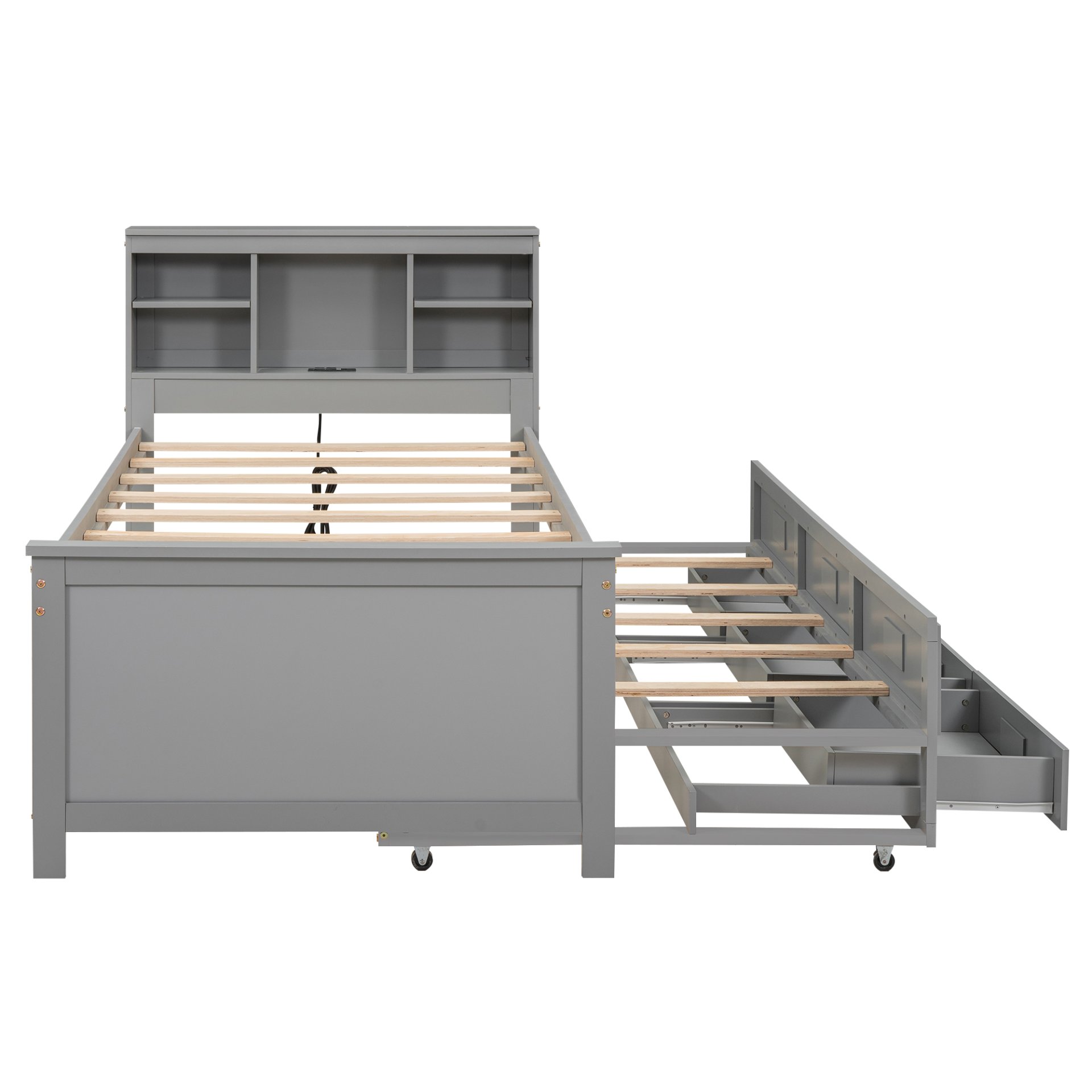 Twin Size Platform Bed With Storage Headboard, USB, Trundle And 3 Drawers - Gray - Image 13