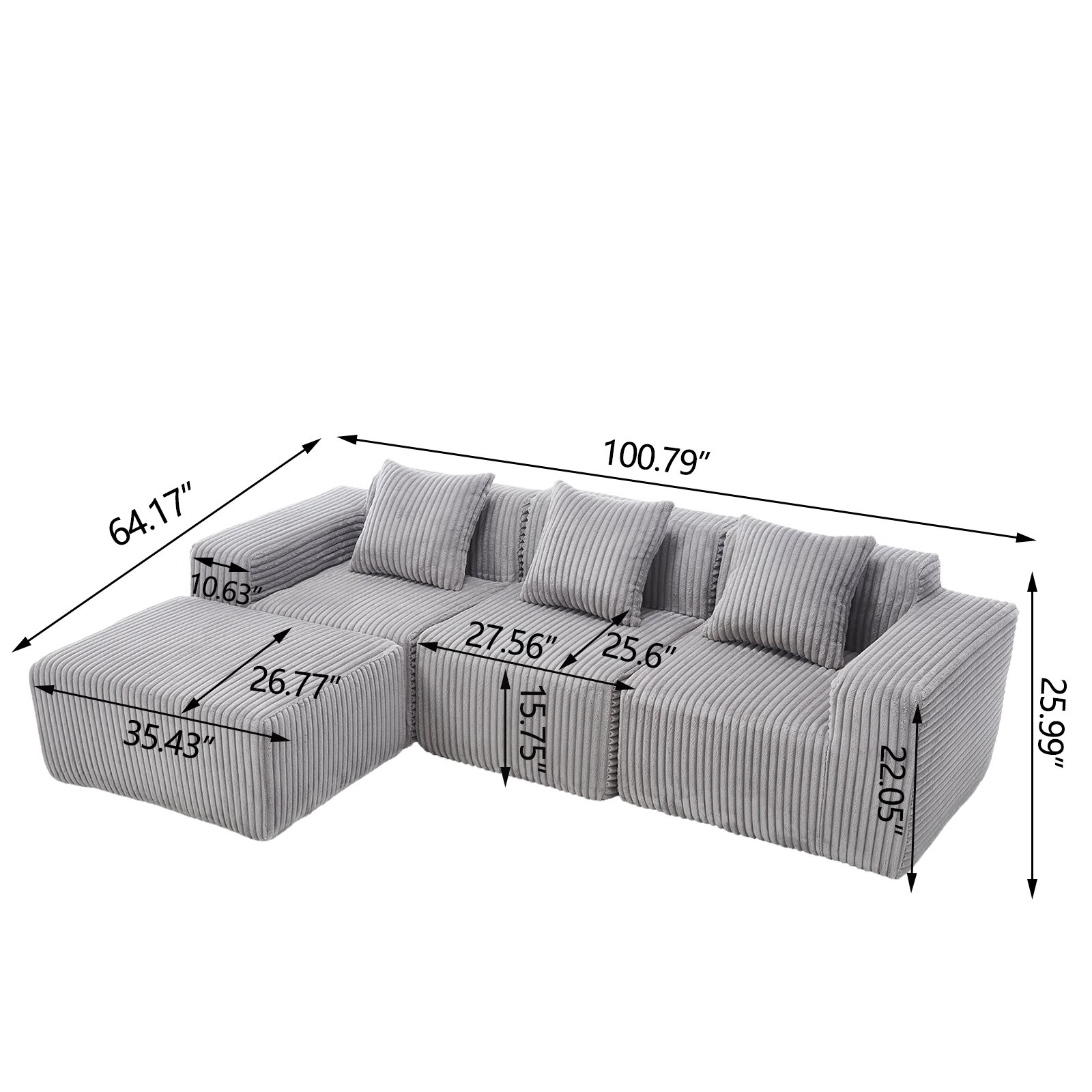 Modern Minimalist Modular Sectional Sofa L - Shape Upholstered Cloud Couch With Deep Seats - Light Gray - Image 3