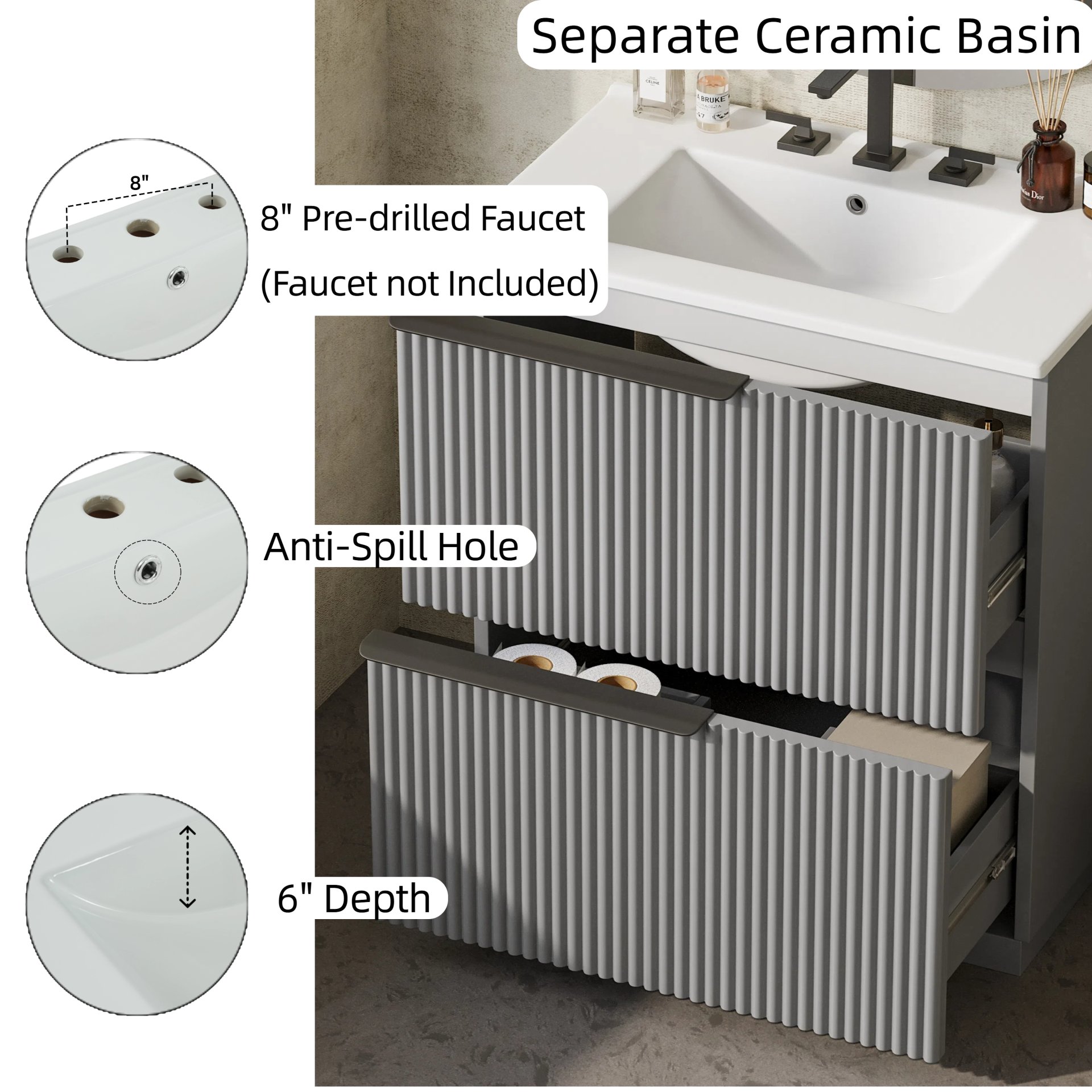 Fluted Bathroom Vanity With Sink, Full Extension Soft Close Drawers - Gray - Image 7