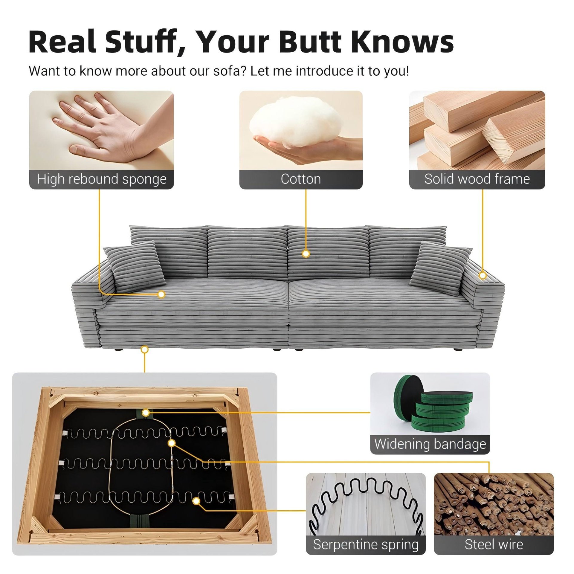 Plush Corduroy 4 Seat Sofa, Modern Comfy Upholstered Sofa Cloud Couch, Deep Seat Couches With Soft Pillows And Movable Ottoman, Convertible Sofa Lounge Chair - Gray - Image 15