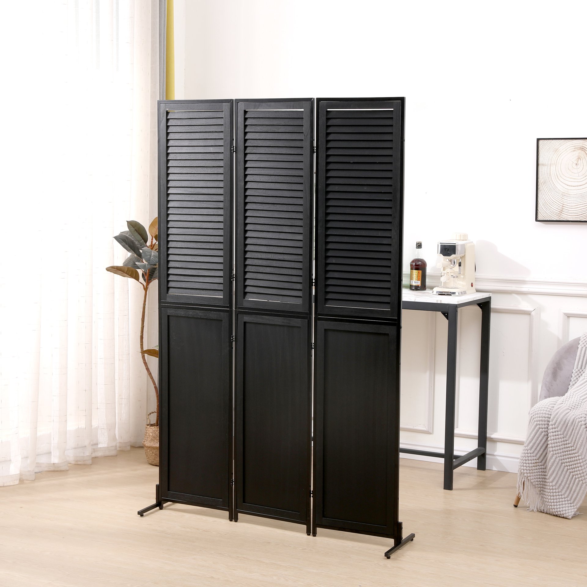 Rustic 3 Panel Room Divider 6Ft Wood Folding Privacy Screen With Metal Frame And Louver Design - Black - Image 4