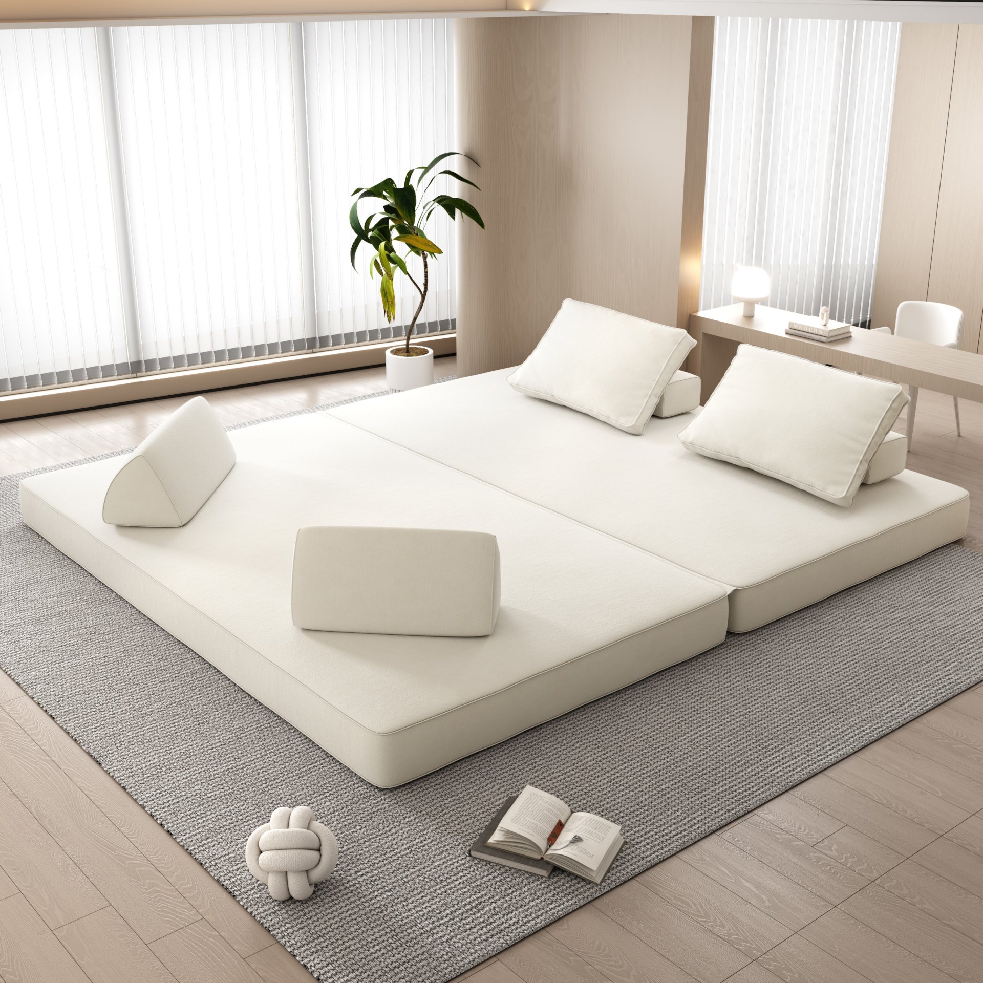 Multifunctional Convertible Sofa Bed With 2 Tumbler Backrests And 2 Pillows, Diy Modern Upholstered Couch - Beige - Image 4