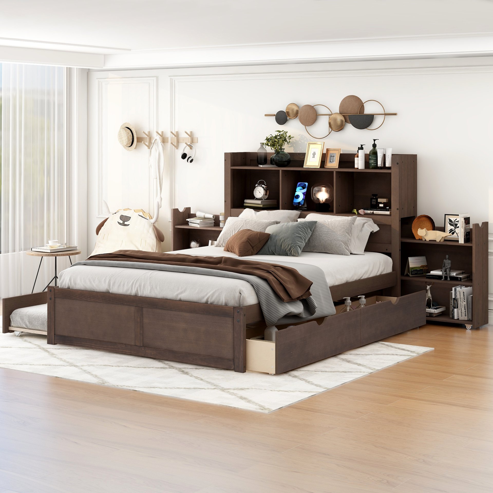 Full Size Storage Platform Bed With Pull Out Shelves, Twin Trundle, And 2 Drawers - Espresso - Image 5