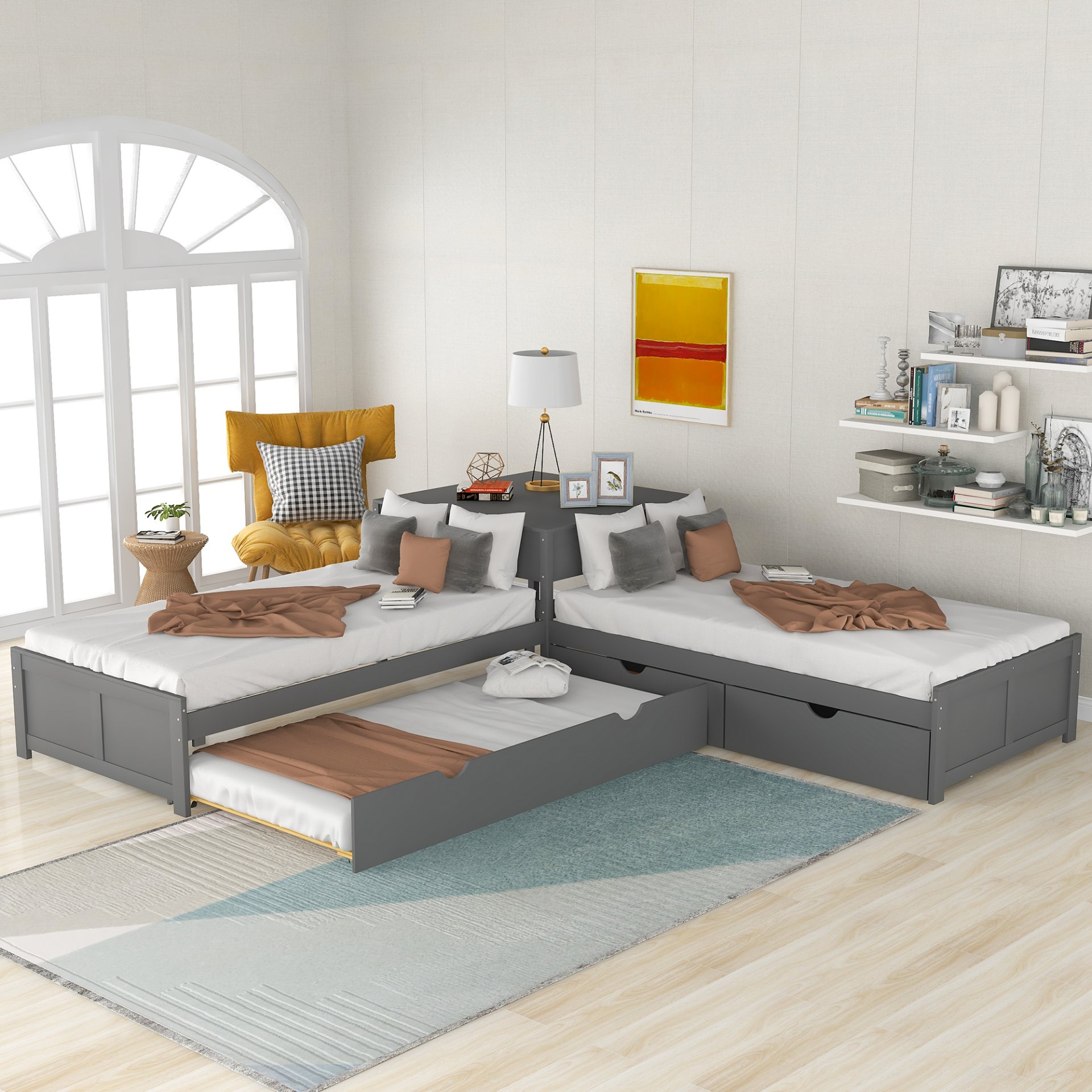 L-Shaped Platform Bed With Trundle And Drawers Linked With Built In Desk, Twin - Gray - Image 4
