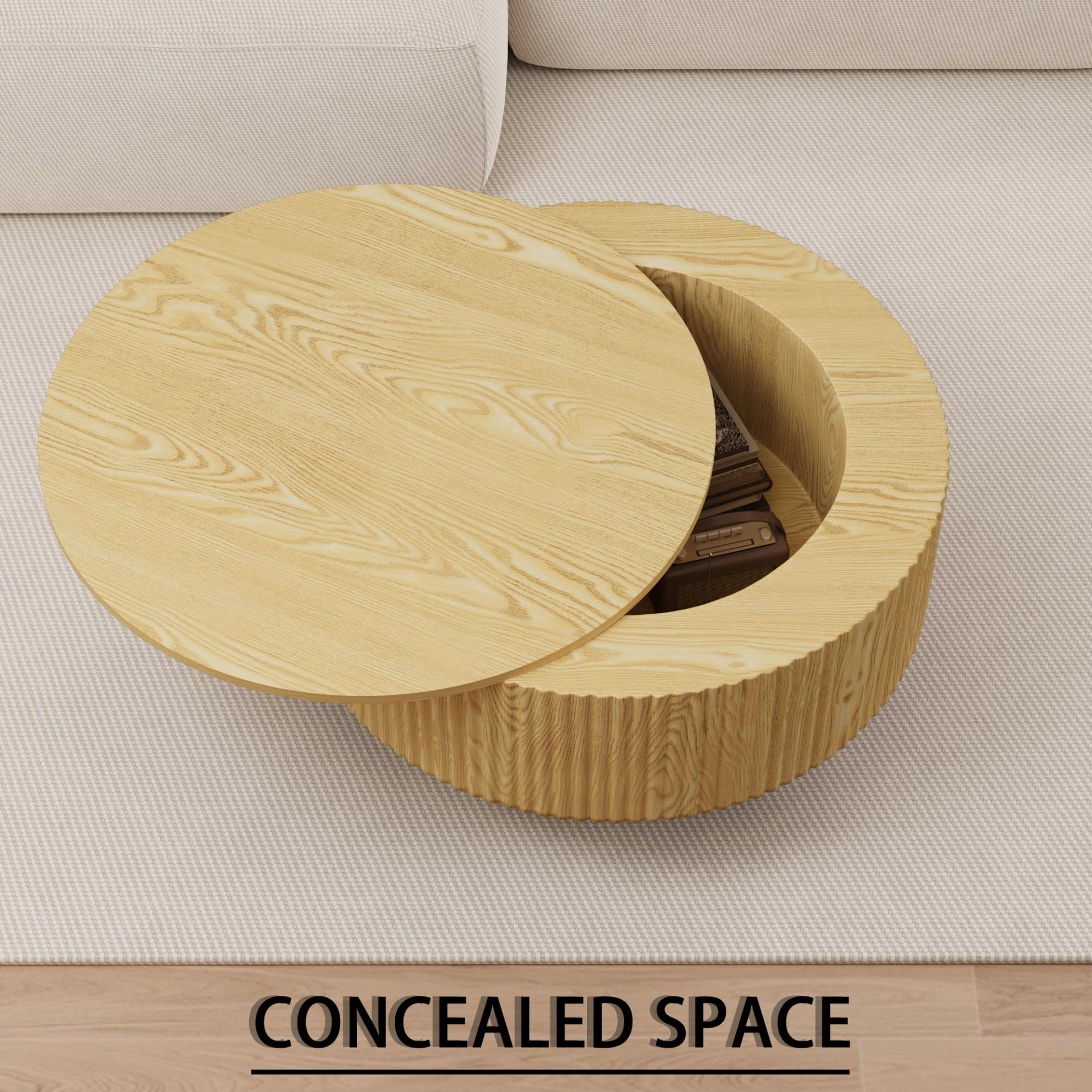 Circular Coffee Table With Stripe Design And Storage Space - Natural Wood - Image 8