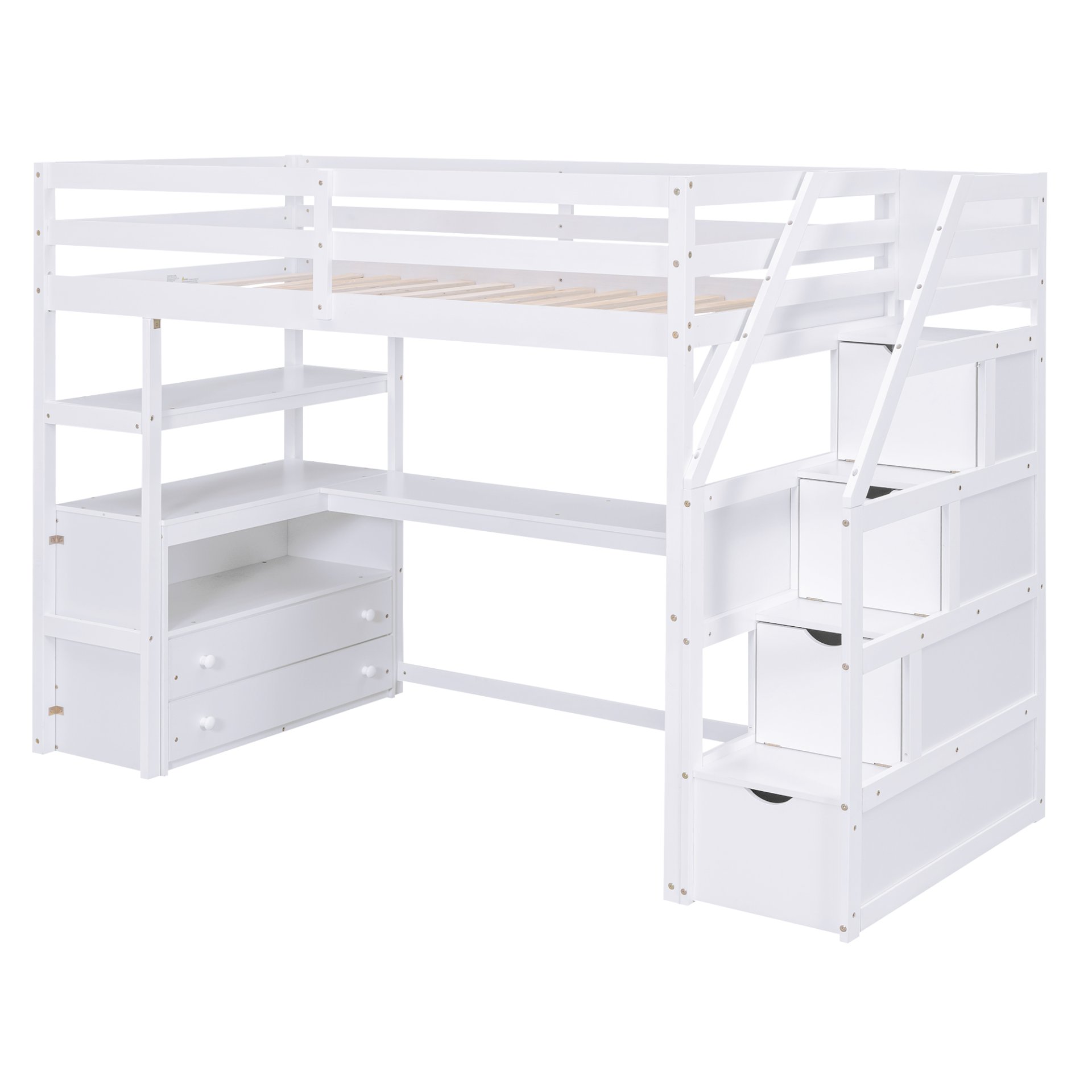 Twin Size Loft Bed With Built In Desk, Shelves, Drawers, And Storage Staircase - White - Image 11
