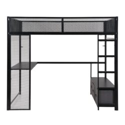 Full Size Gaming Loft Bed With LED Desk, Open Wardrobe, 3 Linen Storage Drawers - Black