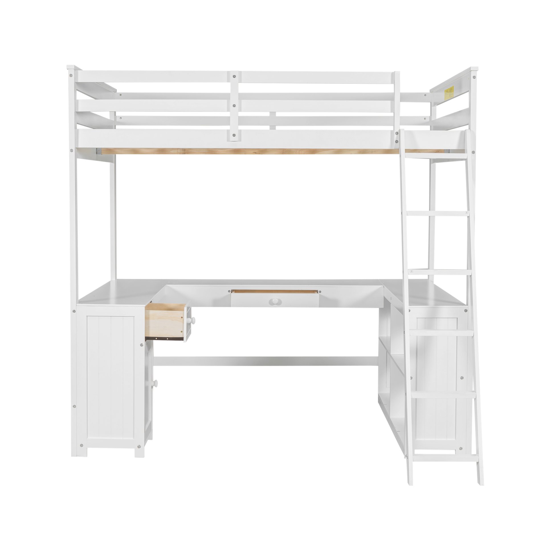 Full Size Loft Bed With U-Shaped Desk, Drawers, And Storage Shelves - White - Image 12