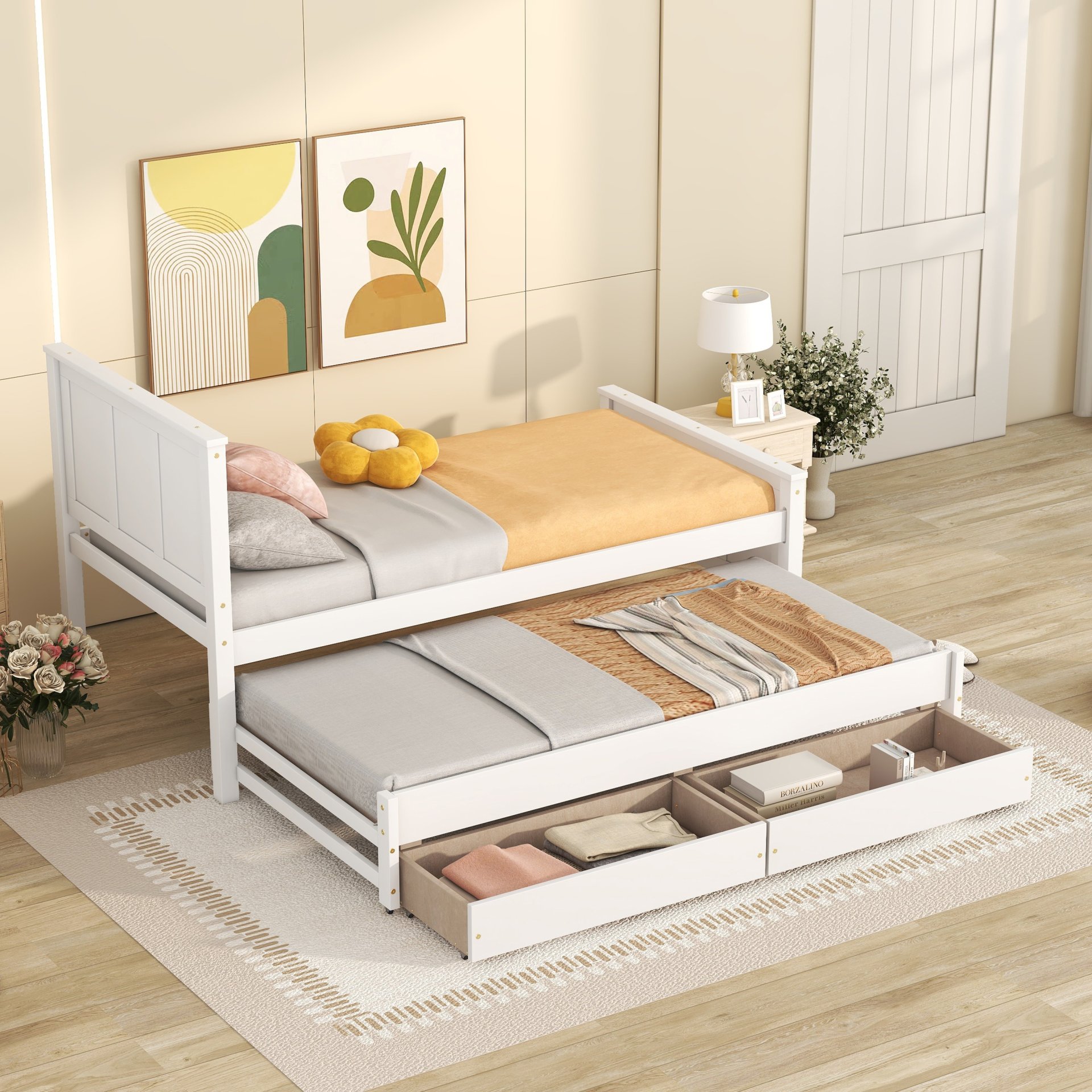 Twin Size Platform Bed With Trundle And Drawers - White - Image 4