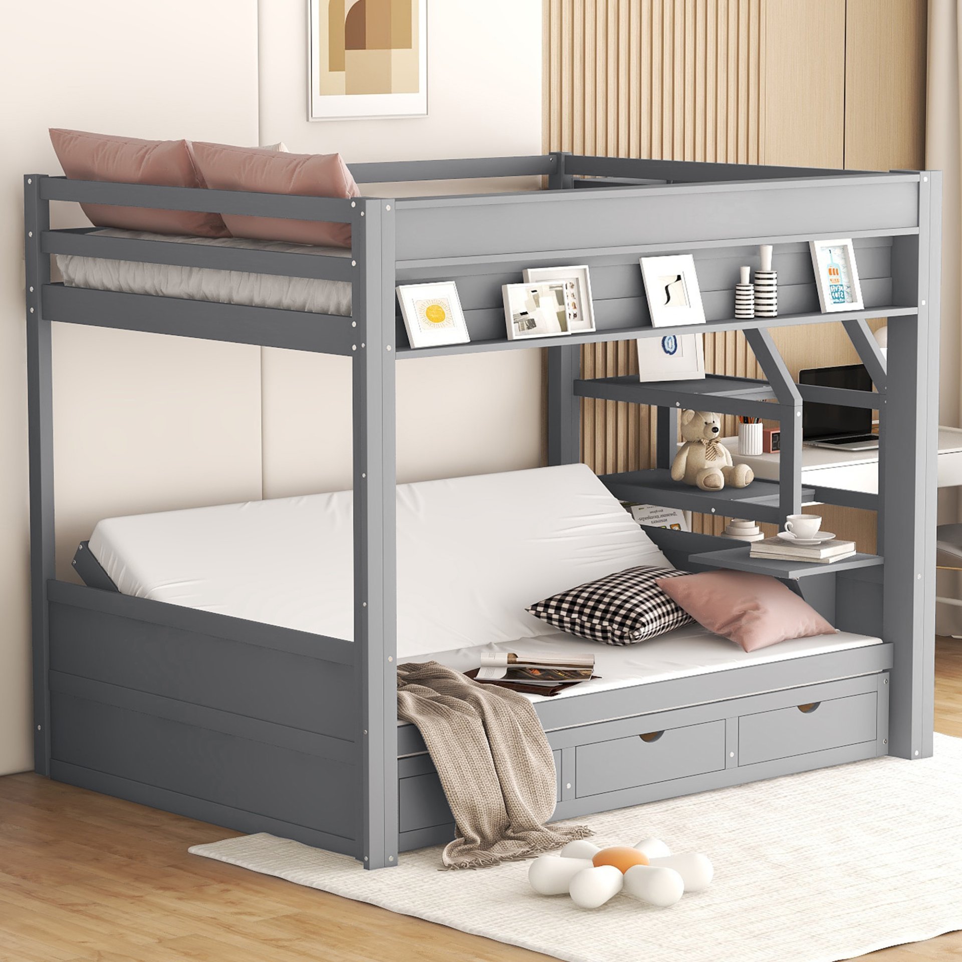 Wood Full Size Convertible Bunk Bed With Storage Staircase, Bedside Table, And 3 Drawers - Gray - Image 4