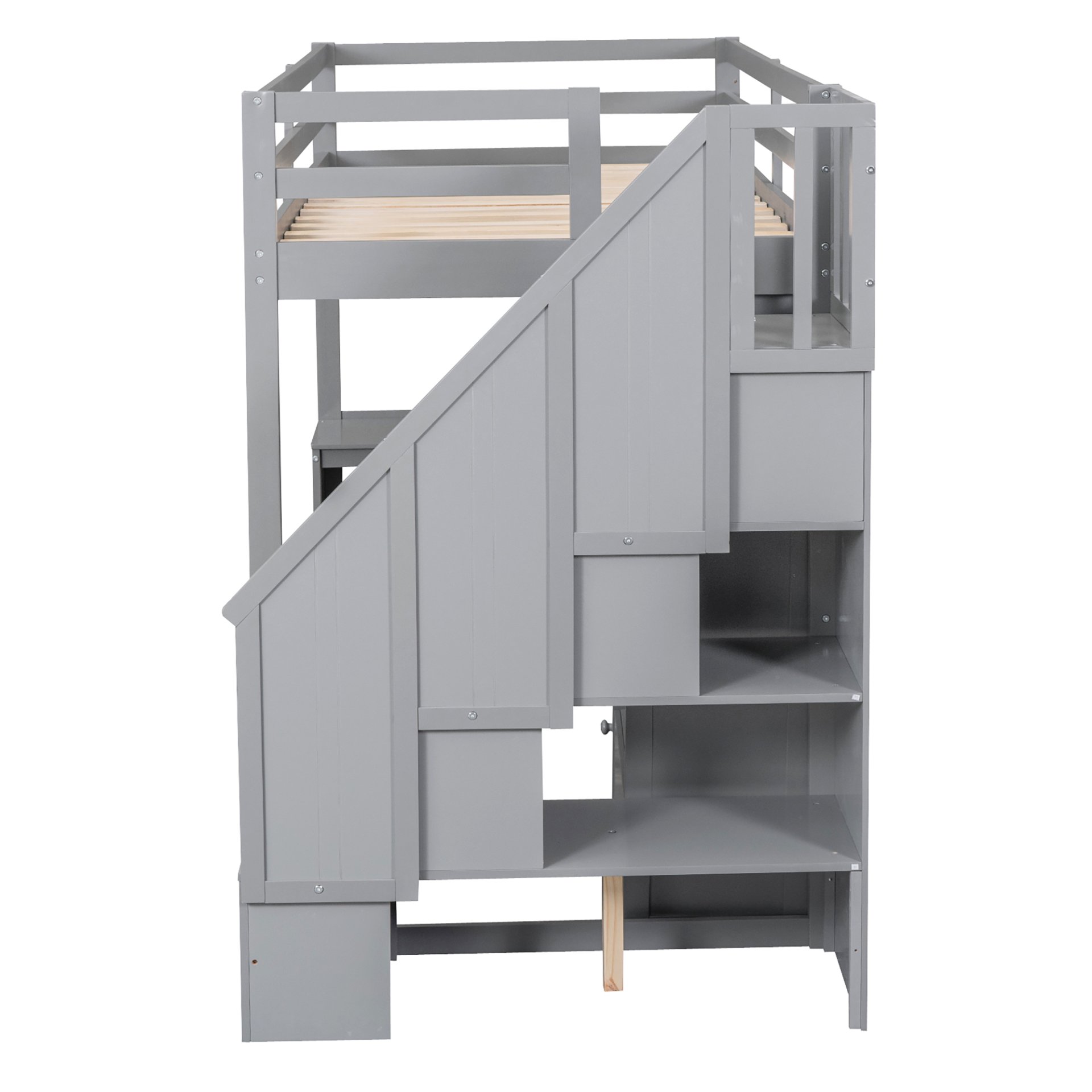 Twin Size Loft Bed With L-Shaped Desk, Drawers, Cabinet And Storage Staircase - Gray - Image 12