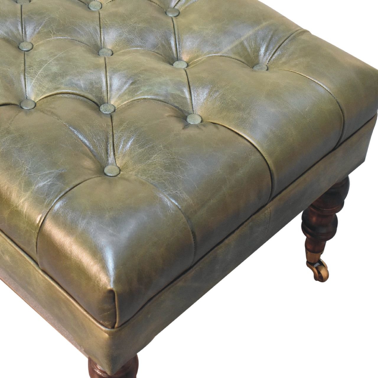Buffalo - Leather Ottoman With Castor Legs - Green - Image 6