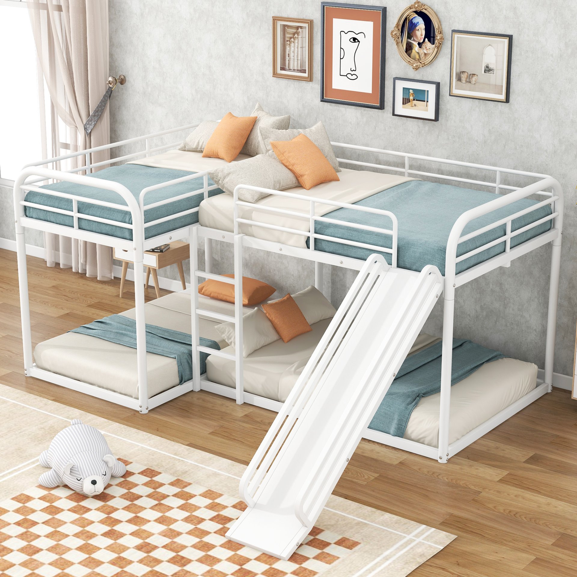 L-Shaped Bunk Bed With Slide And Short Ladder For Full And Twin Size - White - Image 2