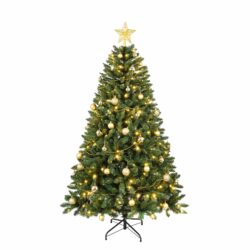 6Ft Pre Lit Christmas Tree With 250 Warm White Leds, Hinged Branch Design, Stand - Green