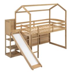 Twin Size House Loft Bed With Slide, Storage Shelves And Light, Climbing Ramp - Wood
