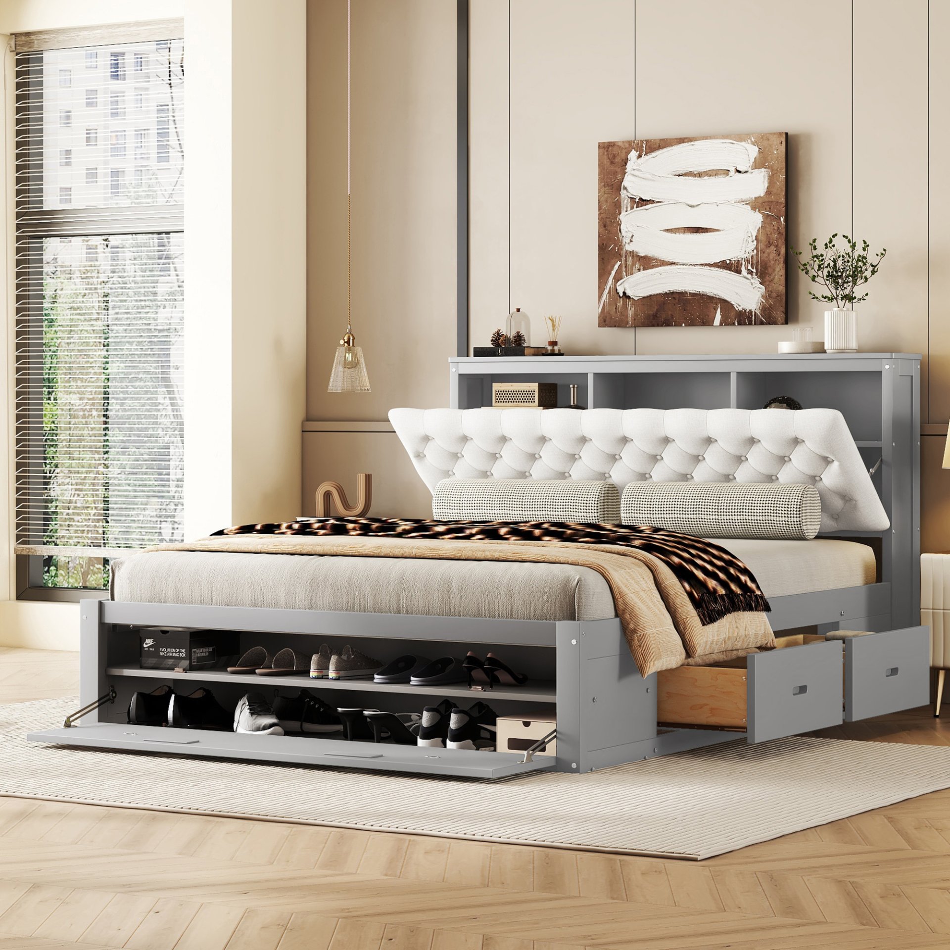 Queen Size Platform Bed With Storage Headboard, Shoe Rack And 4 Drawers - Gray - Image 5