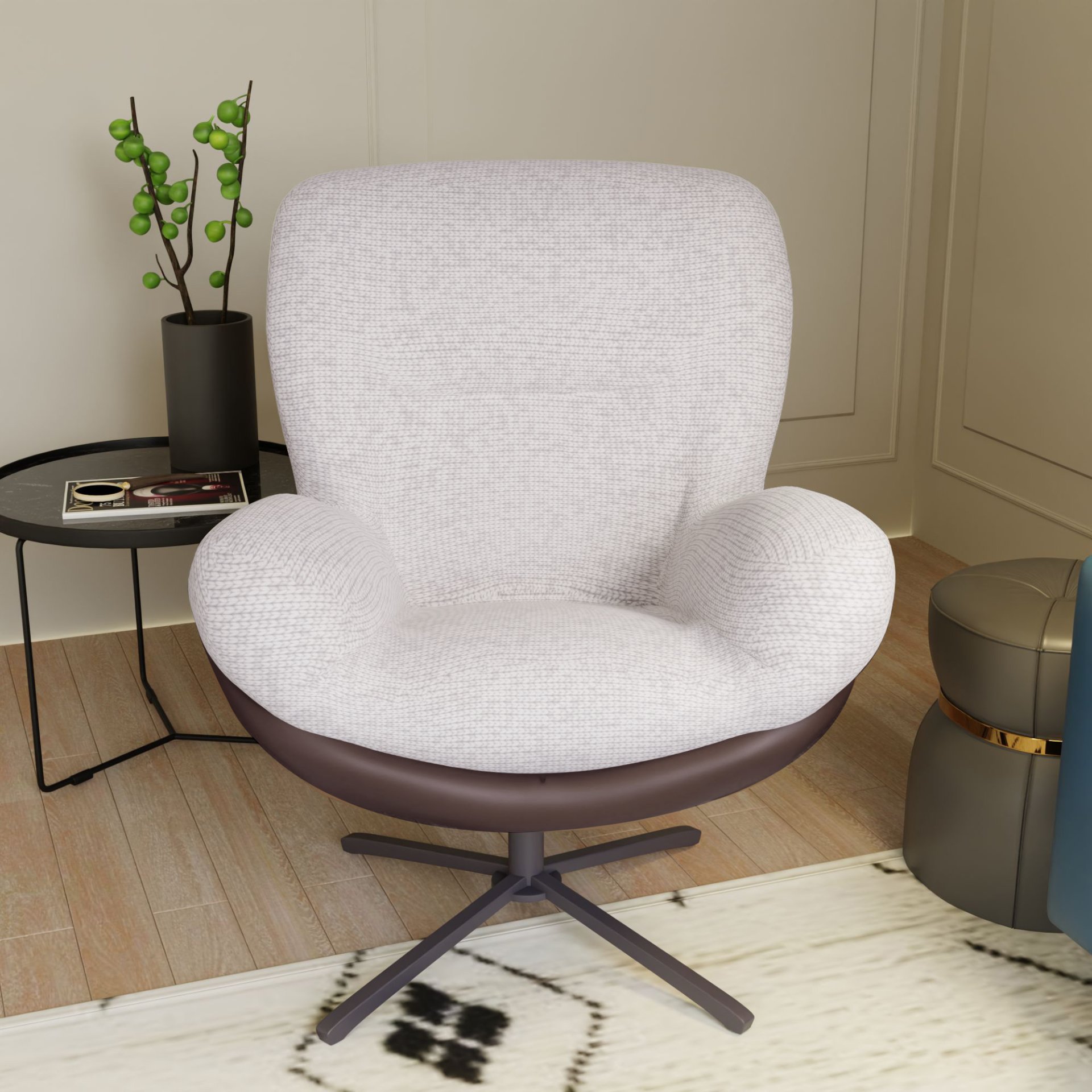 360° Swivel Office Chair, Modern Chenille Chair With And Metal Base Frame, No Wheels, Accent Chair - White - Image 6